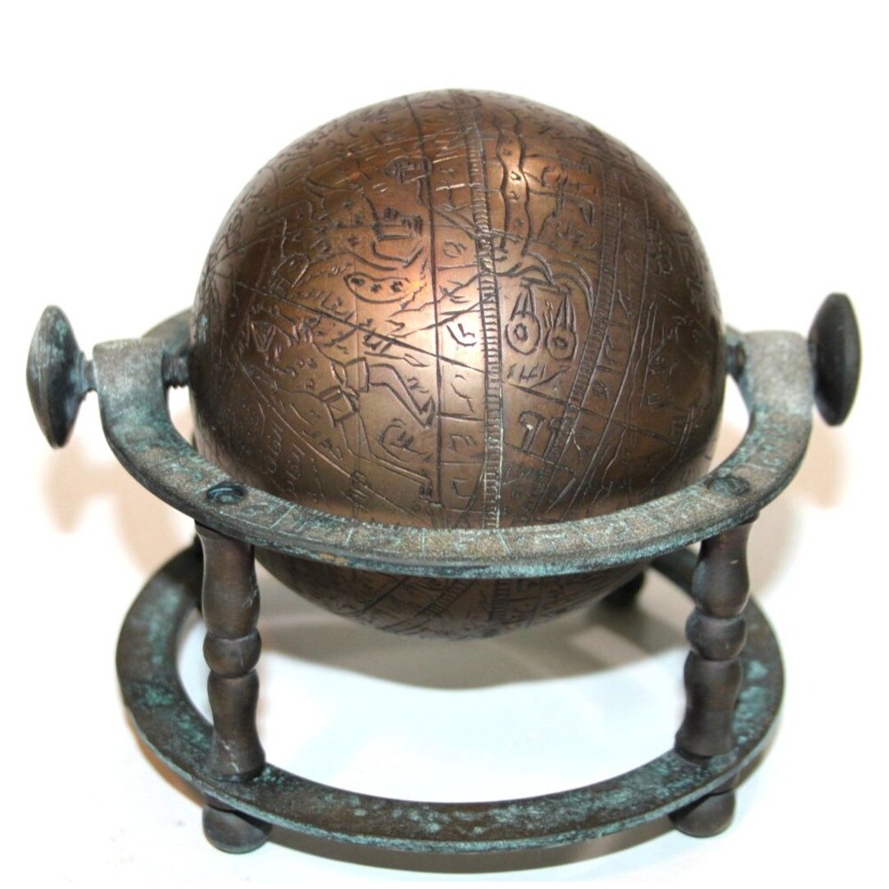 Terrestrial Celestial Sphere Globe Engraved Indo Persian Brass Vintage Antique